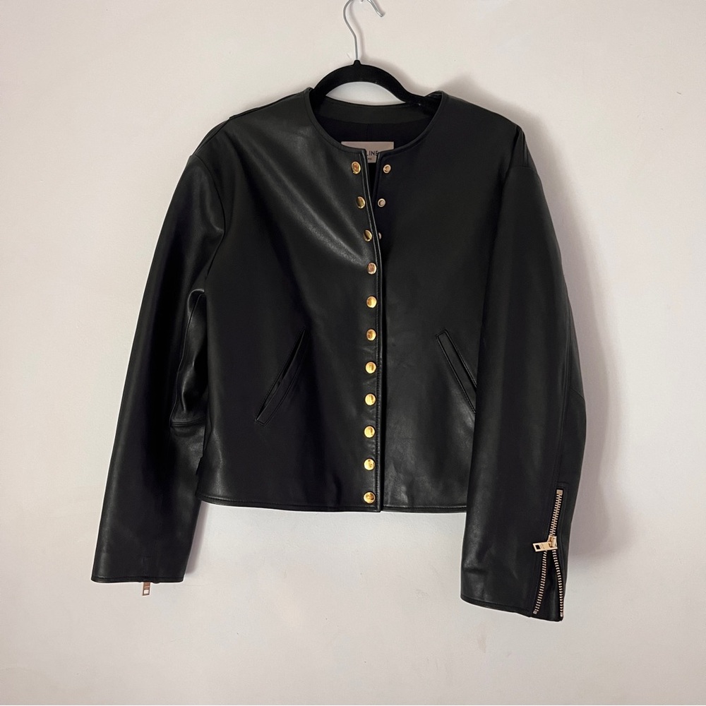 Celine black leather jacket gold snap buttons soft lambskin XS